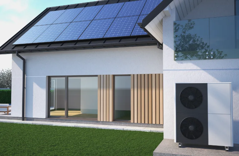 Modern white house with solar panels on the roof, wooden accents on glass doors, and an outdoor heat pump unit beside a green lawn.