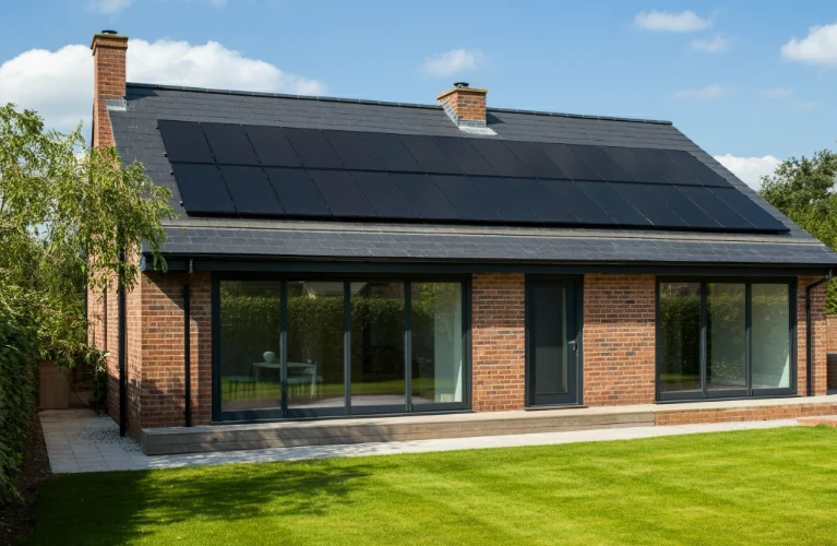 Modern brick house with solar panels on the roof, large glass sliding doors, and a well-maintained green lawn under a clear blue sky.