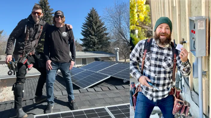 Two men standing on a rooftop with solar panels, one wearing a tool belt, both smiling and wearing sunglasses. And another man with a beard, wearing a beanie hat, plaid shirt, and tool belt, standing next to an electrical panel outside.