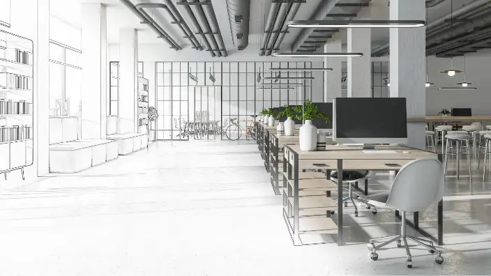 Modern open-plan office design blending drawn elements with real-life furniture, featuring desks, chairs, plants, and industrial ceiling pipes in a bright, minimalist space.