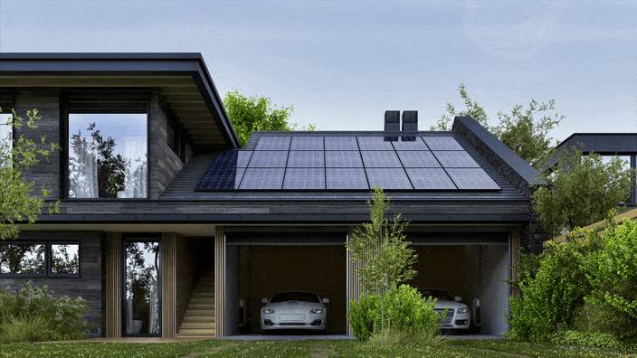 Modern house with a sleek design, featuring large windows and a roof fully equipped with solar panels, with two electric cars parked in the open garage, set in a lush green environment, emphasizing sustainable living.